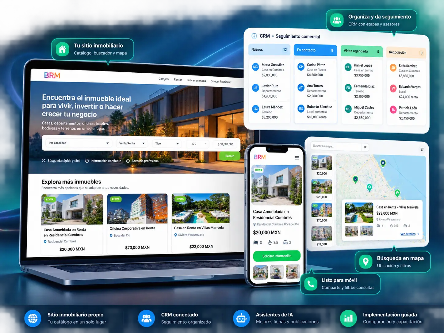 Sistema Inmobiliario Digital con sitio inmobiliario, CRM, vista móvil y búsqueda en mapa